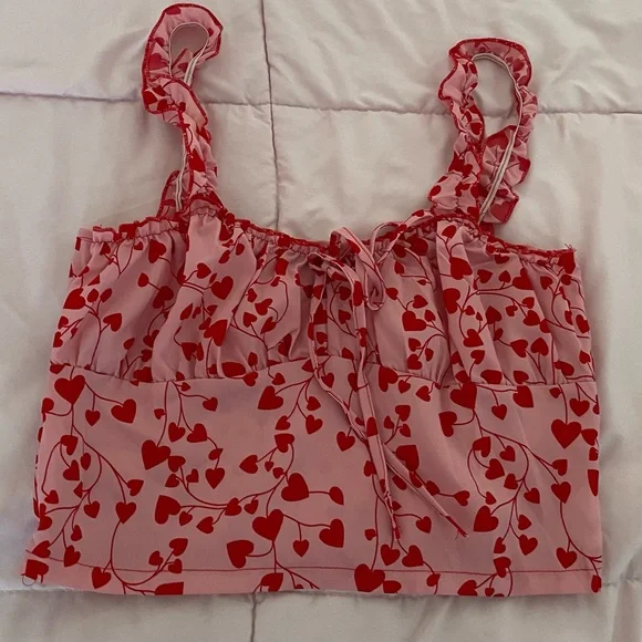 SHEIN pink red heart print all over crop top, size S Barbiecore festival summer - Picture 14 of 14